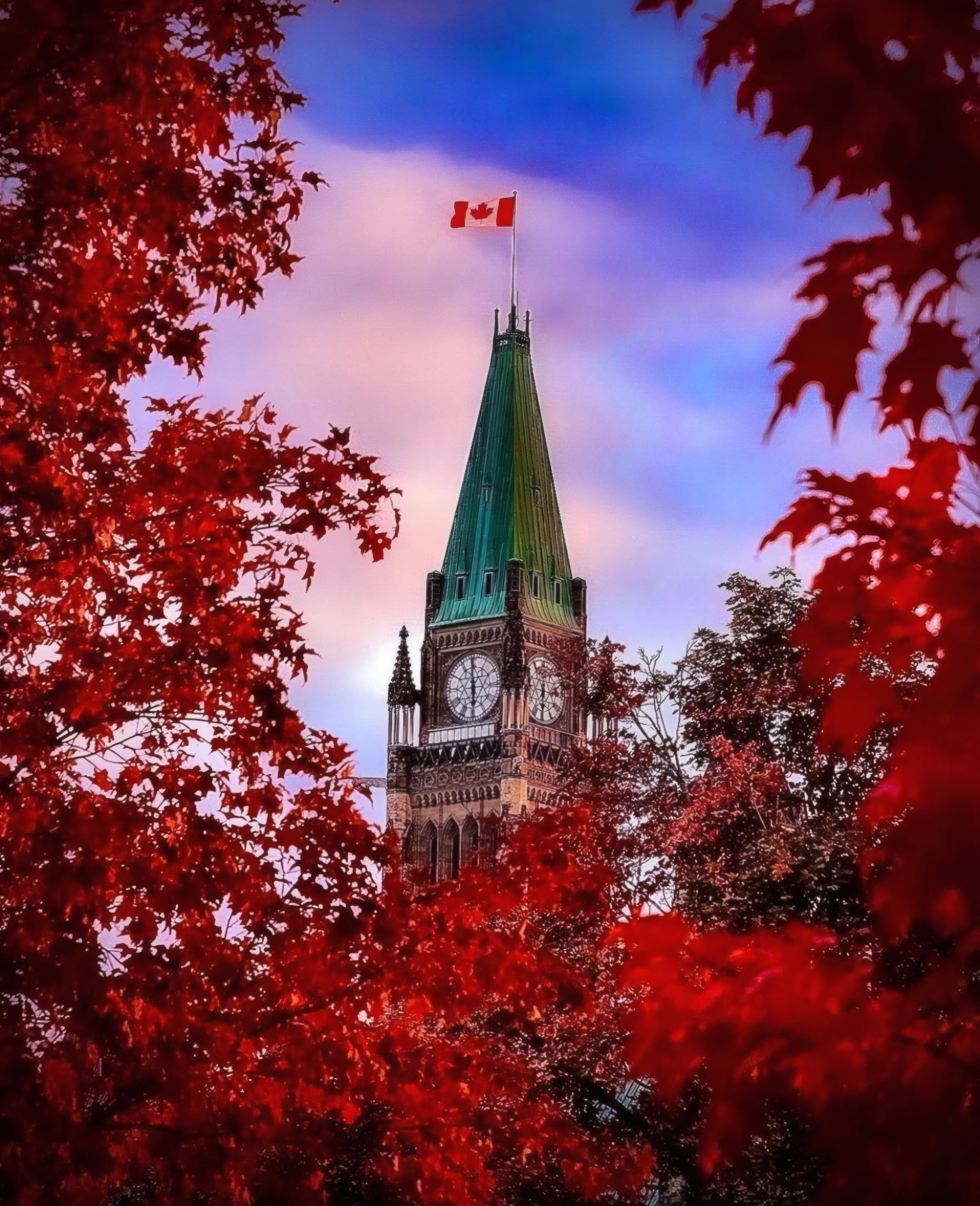 Le Parlement du Canada à Ottawa, encadré d’érables rouges